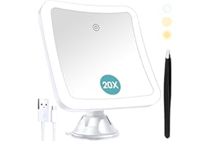 B BEAUTY PLANET Specchio ingranditore con luce, specchio per il trucco illuminato con ingrandimento 20x, controllo a sfioramento e ventosa, ricaricabile, rotazione a 360°, vanità del bagno e viaggio, quadrato