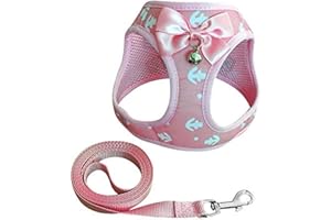 AUSUKY Harnais de sac à dos réglable et doux pour animal domestique avec laisse et gilet confortable classique mignon nœud papillon clochette pour chiens(taille XS, rose)
