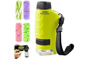 FLOSSTY Microscope Enfant Portable, 60x - 120x Microscope de Poche Éclairé par LED, Mini Scope pour étudiants avec 12 Lames, Petit Scope Enfant pour l'observation Biologique (Jaune)