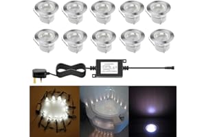 CHNXU 45mm Cool White Led Decking Lights Kitchen Plinth Lights Outdoor Low Voltage IP67 Waterproof Deck Lighting Kits Pack of 10