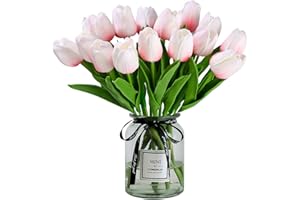 Birshe 25 Pezzi Fiori Artificiali, Tulipano Finti,per Decorazioni Casa,Ufficio,Matrimonio,Nozze,Bouquet da Sposa,Hotel,Festa,（Rosa Bianco）