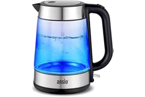 ANSIO Electric Kettle Glass Kettle 1.7L Cordless Clear Kettle 2200W Removable Filter, Boil Dry Protection & Auto Shut Off, Light Up, See Through Illuminated Kettle, BPA Free