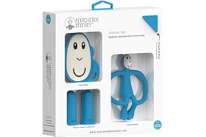 Matchstick Monkey, Starter set antimicrobico per dentizione – 1 massaggiagengive a faccia piatta, 1 massaggiagengive per animali, 2 spazzolini da denti in silicone, 3 mesi in più, scimmia blu