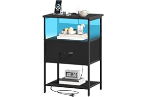 Somdot Bedside Table with Charging Station and LED Light, Small Bed Side Table for Bedroom Dorm Kids Room Closet, 1 Drawer Bedside Cabinet with 2 Outlets and 2 USB Ports, Black