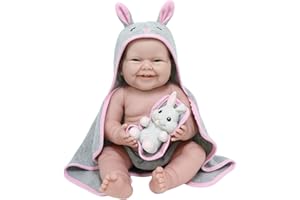 JC Toys - Bambola La Newborn appena nata 38 cm, in morbido vinile, con asciugamano con cappuccio e animale domestico, coniglietto, ragazza, grigio e rosa, disegnata in Spagna da Berenguer, 2 anni