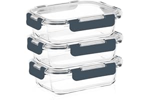 Bewunder Kyoto Mealprep - Contenitore salvafreschezza con 3 contenitori in vetro + 3 coperchi in plastica (grigio) | 100% ermetico e igienico | lavabile in lavastoviglie, adatto al microonde