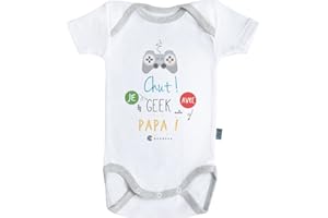 Baby Geek Chut Je Geek avec Papa - Body Bébé Manches Courtes - Coton - Blanc - Coutures Grises