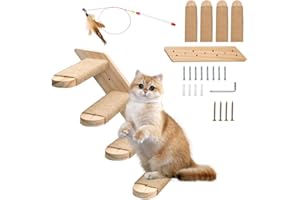 Zuxbolf Étagère Murale pour Chat, Escalier pour Chat 4 Étapes Marches d'escalade Chats en Bois Cadre d'escalade Mural avec Un Bâton Drôle Echelle Chats pour Grimper, Sauter et Jouer