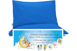 4BABIES-Federa Cuscino 40x60 Bambino- Set 2 Federe per cuscino lettino e culla 100% PURO COTONE Made in Italy - Chiusura a busta - Certificato OEKO-TEX - Biancheria da letto per bambini - BLU