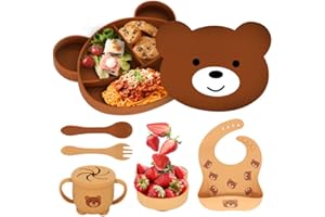 IUNIKO Vajilla impermeable de oso hecha de silicona para bebe, 8 piezas - Vajilla infantil con plato con ventosa, babero, cuchara y vaso para aprendizaje, cuenco y precucharas -LIBRE BPA - Marron