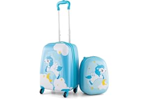 COSTWAY Kids Luggage Set, 2Pcs Backpack & Suitcase with Wheels and Height Adjustable Handle, Hard Shell Travel School Trolley Case for Boys Girls (Blue, 12"+16" Unicorn)