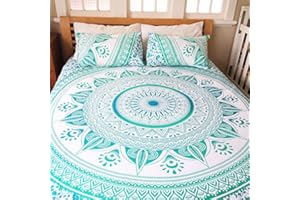 SOPHIA-ART Hecho a mano indio Hippie Algodón Estampado étnico Mandala bohemia Ombre Funda nórdica Ropa de cama Donna Funda de edredón Manta con 2 fundas de almohada (Green Trident, Twin 52*74 Inches)