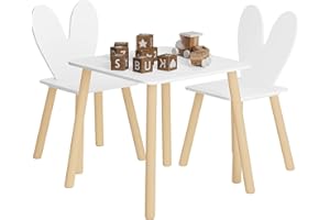 ‎WOLTU WOLTU Kindertisch mit 2 Stühlen, Kindersitzgruppe, Sitzgruppe für Kinder, mit Massivholzbeinen Kaninchenohren-Rückenlehne, Kindermöbel für Kinderzimmer Kindergärten Weiß