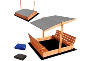 Ladanas® bac à Sable Enfant en Bois fermé de 140 x 140 cm avec bancs-bac a Sable avec Couvercle- Bois de pin imprégné -bac à Sable avec Toit surbaissé -1 bâche de Protection 1 bâche Isolante-Gris