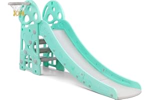 Toboggan Enfant Intérieur Pliable, Toboggan de Jardin, avec Panier de Basketball, HDPE, Motif Amusant, Jusqu'à 25 kg, pour Enfants 1-6 Ans