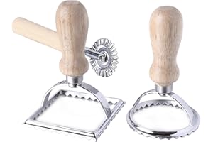 LUXOPALOPI Ravioli Stamp Maker Cutter, Ravioli Cutters Mold with Wooden Handle and Fluted Edge Pasta Press Kitchen Attachment with Pastry Cutter Wheel for Making Ravioli, Empanadillas or Cookies- 3 Set