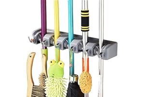 Vicloon Porte Balai Mural Multifonctions,Support Cintre de Rangement pour Votre Cuisine,Garage,Buanderie (5 Emplacements et 6 Crochets)