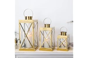 TRIROCKS Set de 3 Faroles de Acero Inoxidable Elegantes, Tamaños 40, 31 y 21cm, Soportes de Vela de Metal con Paneles de Vidrio Transparente para Decoración Exterior (Dorado)