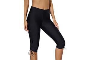 BLENCOT Women's Knee-Length Swim Bottom Side Drawstring Solid Color Rash Guard Board Short Plus Size Swim Pants