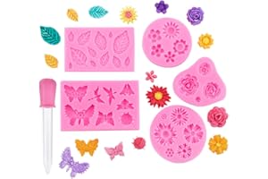 YWKJDDM 3D Blume Silikon Seifen Form, 5 Stück Silikonform Blüten Mit 1 Tropfern, Fondant Formen Rosen, Silikonformen Fondant für Gänseblümchen Blumen Schmetterling Blätter Sonnenblume