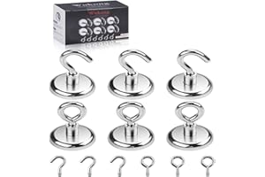 Wukong 45KG(100LB) Magnethaken,6+6 Stück Neodym Ösenmagnet, 36mm Magnet Haken hält360°Drehen für Bratenregal in Küche Werkzeughalter Verkaufsregal 6x Ösenmagnet 6x magnetische Werkzeughaken