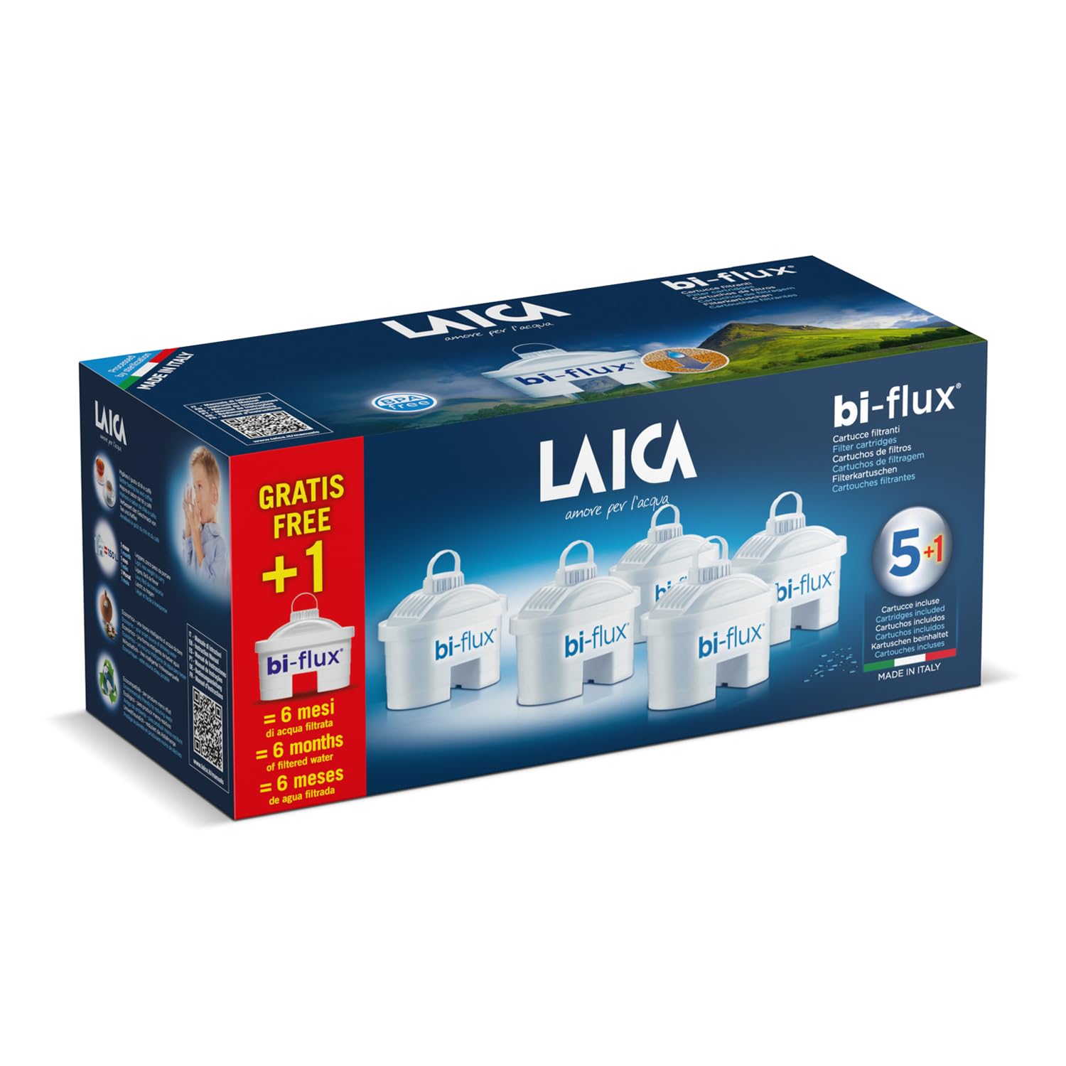 LAICA bi-flux 6 Filtri Acqua - Riduce Cloro, Calcare e Metalli Pesanti | Preserva sali minerali, riduce sostanze indesiderate, 6 cartucce filtranti (6 mesi, 150L ciascuno), Made in Italy