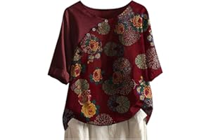 TIMEMEAN Blouses Femmes Chemise à Boutons Vintage en Coton Et Lin Chemisier Ethnique Imprimé Floral à Manches 3/4 Et à Col Rond De Grande Taille