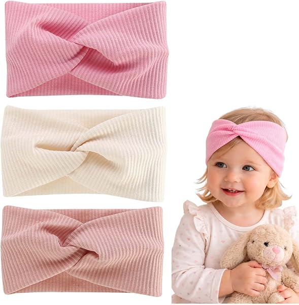 MUNZE Stirnband Kinder 3 Stück Rosa Weiß Hellrosa Standard Strick Knoten Bequem Accessoire - 1