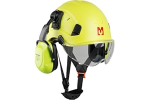 Mustbau Kask ochronny, EN397, z nausznikami i wizjerem, regulowany obwód głowy od 53 do 63 cm, wytrzymały materiał ABS, dla mężczyzn i kobiet