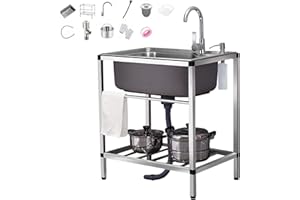 Duchunsheng Portable Commercial 304 Stainless Steel Sink, Outdoor Garden Sink Single Trough, Large Kitchen Sink With Taps Strainer Drain Pipe, Indoor Sink For Home Bar Unit Commercial