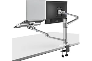 Viozon Monitor and Laptop Mount, 2-in-1 Adjustable Dual Arm Desk Mounts Single Desk Arm Stand/Holder for 17 to 32 Inch LCD Computer Screens, Extra Tray Fits 12 to 17 inch Laptops (silver)