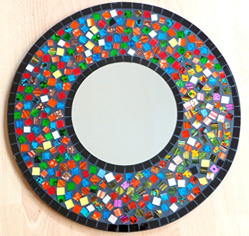 Wandspiegel Deko Spiegel Mosaik Einlegearbeit Handarbeit 40cm rund Holz #52a - 2