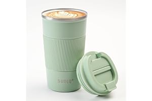 SUNTQ Kaffeebecher to go Thermo aus Edelstahl - Thermobecher mit Gummierte Manschette Doppelwand Isoliert - Kaffeetasse mit Auslaufsicherem Deckel Wiederverwendbar 510ml Mintgrün