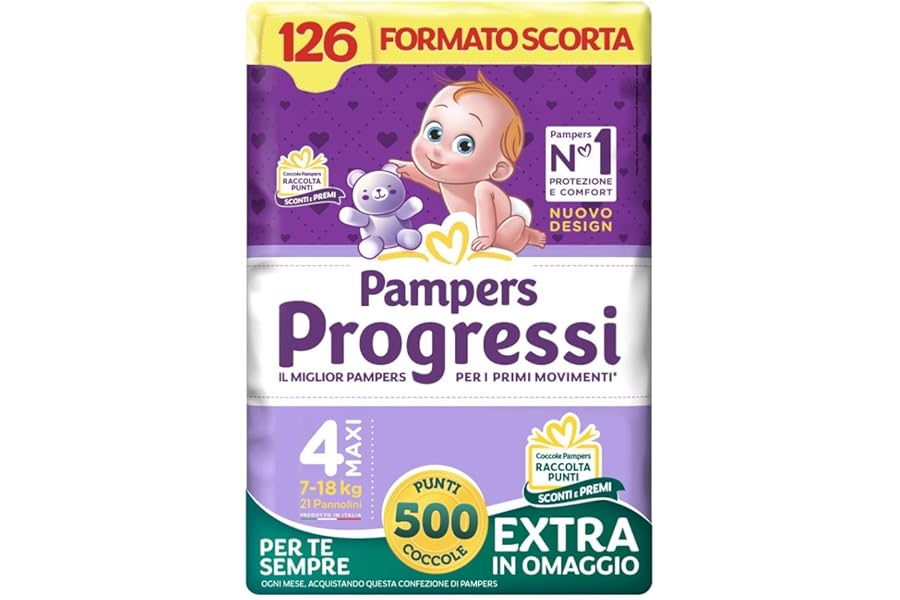 Pampers Progressi Maxi, Size 4 (7-18 kg), Stock Format, Wet Indicator, Delicate Skin, Reinforced Tabs, Anti-Spill, 126 Baby Nappies + 500 Free Points