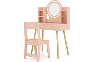 GYMAX Kids Vanity Table and Chair, Wooden Girls Dressing Tables with 2-Color LED Lighted Mirror, 2 Drawers and Storage Shelves, Children Makeup Desk Set for 3 Years Old+ (Light Pink)