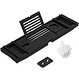 Bamboo Bathtub Tray for Luxury Bathroom, Expandable Premium Bath Tray w/Soap Towel Book Holder, Adjustable Bath Accessories for Tub,Extendable Tub Tray with Wine Glass Cup Organizer 29.5"-43.3" Black