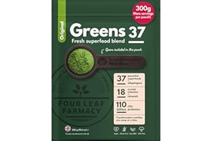 FOUR LEAF FARMACY Greens Powder - Made in UK with 37 superfoods - 300g High Dosage Servings - Vegan Gluten Free Greens Powder- Daily Vitamins, probiotics for Gut Health - with KSM-66® Ashwagandha and Lions Mane