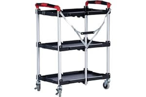 The Workplace Depot 3-Tier Folding Service Cart, 75kg Heavy-Duty, Collapsible Design, Large Locking Wheels for Catering, Kitchen & Office Use