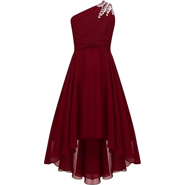 dPois Avondjurk voor meisjes, off-shoulder, feestelijk, bruiloft, bloemenmeisje, jurk, avondjurk, A-lijn, maxi lang, chiffon, baljurk, kinderen, bruiloft, verjaardag, party, outfit, bordeaux, 158-164