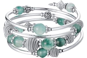 BULINLIN Turquoise Beaded Chakra Bangle Bracelet, Silver Layered Jewellery Wrap Bracelet with Natural Stone Birthday Gift for Women