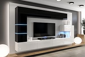 ‎FURNITECH Furnitech Wohnwand Wohnzimmer - Wohnzimmer Möbel mit LED RGB - 16 Farben - Hängend Wohnwand Modern - Wohnzimmer Schrankwand mit Regale und TV Schrank (AN89NEW-21BW-HG4)