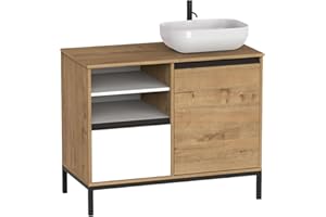 MUEBLES PITARCH-Mueble de Baño Industrial con Lavabo cerámico Incluido, Estructura Patas, 2 Estantes, Cajón y Puerta, Blanco, Roble Gold y Negro, para Lavabo de sobreponer, 100cm, Modelo Tamesis
