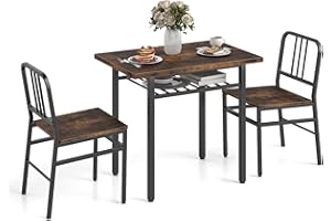 COSTWAY 3 Piece Dining Table Set, Rectangular Breakfast Kitchen Table and Chairs with Storage Rack, Metal Legs & Adjustable Foot Pads, Space Saving Counter Dining Room Set (Rustic Brown + Black)