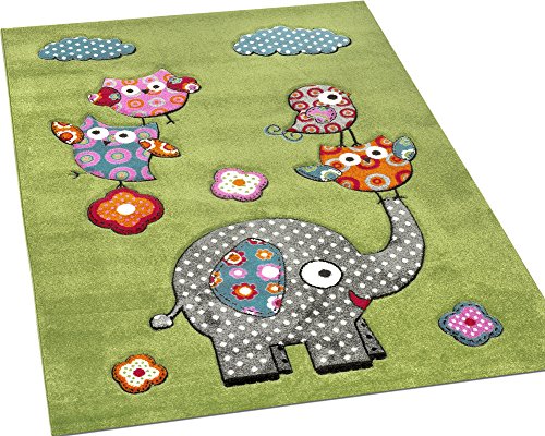 Kinderzimmer Teppich Niedliche Bunte Tierwelt Eule Elefant in Grün Blau Grau Rot, Grösse:80×150 cm - 4
