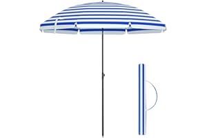 SONGMICS Sonnenschirm für Strand, Ø 200 cm, Gartenschirm, UV-Schutz bis UPF 50+, knickbar, tragbar, Schirmrippen aus Glasfaser, blau-weiß gestreift GPU65WU