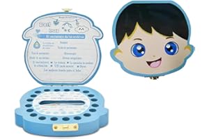 BARAC Caja de Dientes, Caja para Dientes de Leche en Español, Caja en Madera para Niños y Niñas como Regalo Souvenir para Guardar Dientes (Azul)