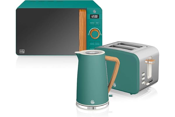 Swan Nordic Set petit-déjeuner bouilloire 1,7 L 2200 W, grille-pain à fente large 2 tranches, micro-ondes 20 L numérique, design moderne, effet bois, vert