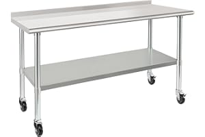 HARDURA RESTAURANT EQUIPMENT HARDURA Stainless Steel Table 61×152cm with Wheels Casters Heavy Duty Commercial Prep Table with 5cm Backsplash and Adjustable Undershelf for Restaurant Kitchen Home and Hotel