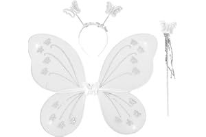 BOMICLSS Fairy Butterfly Wings Kids Foldable Toddler Fairy Wings Kids White Butterfly Headbands Girls Butterfly Wands Toddler Fairy Costume for Girls 1-12 for Kids Party Christmas Party Dress up (White)