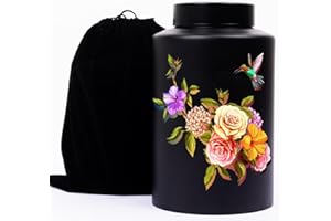 BOBODE Cremation Memorial Urn Black Floral Decorative Urn Large Human Ashes Funeral Urn,Adult Burial Urn for Adult Male-Female Ashes, Cemetery Burial or Niche with Black Velvet Bag